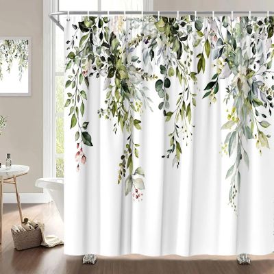 JIAMELUCK Green Tropical Leaf Shower Curtain White Fabric Farmhouse Floral Shower Curtains Bathroom Decoration with Hooks 135x220cm(53" Wx87 H)