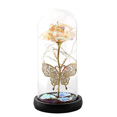 Romantic Preserved Rose Rose Silk Rose with Butterfly Lasts Forever in A Glass Dome with LED Lights Pine Base, Home Decor Gifts for Women Valentines Day Mothers Day Wedding Anniversary Birthday (J)