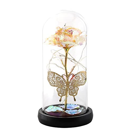 Romantic Preserved Rose Rose Silk Rose with Butterfly Lasts Forever in A Glass Dome with LED Lights Pine Base, Home Decor Gifts for Women Valentines Day Mothers Day Wedding Anniversary Birthday (J)
