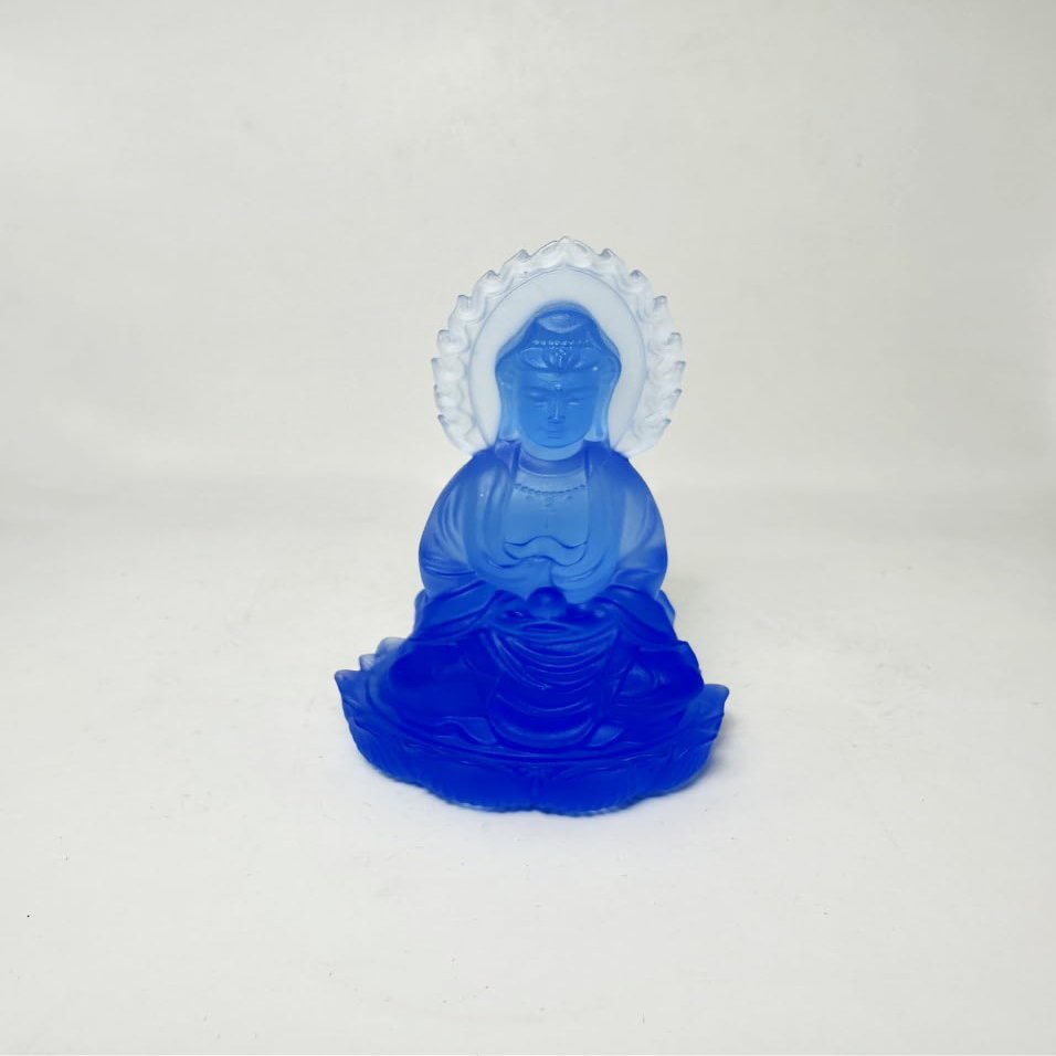 NATURAL MARBLE SHOP Liuli Crystal Double Faced Kuan Yin On Lotus Buddhism Figurine Statue, Mini Buddha Statue, Buda Buddah Statues, Guan Yin, Quan Yin, Kwan Yin Figurine for Home Decor (Blue)