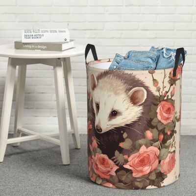 Opossum and Roses Laundry Basket with Handle Waterproof Laundry Hamper Portable Circular Dirty Clothes Hamper Foldable Storage Basket Lightweight Organizer Basket for Bathroom Bedroom