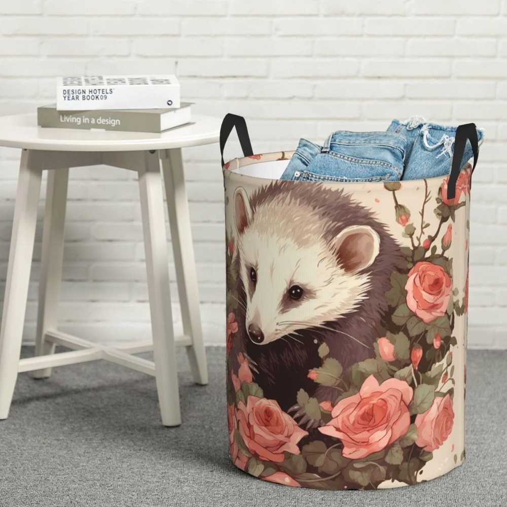 Opossum and Roses Laundry Basket with Handle Waterproof Laundry Hamper Portable Circular Dirty Clothes Hamper Foldable Storage Basket Lightweight Organizer Basket for Bathroom Bedroom