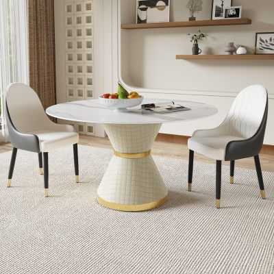 59''Round Dining Table for 6, White Sintered Stone Kitchen Dinner Table with Carbon Steel Pedestal,White Marble Dining Table Set for Dining Room/Living Room,Wrapped in PU Leather (Table Only)