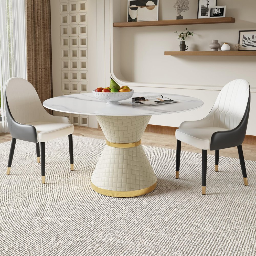 59''Round Dining Table for 6, White Sintered Stone Kitchen Dinner Table with Carbon Steel Pedestal,White Marble Dining Table Set for Dining Room/Living Room,Wrapped in PU Leather (Table Only)