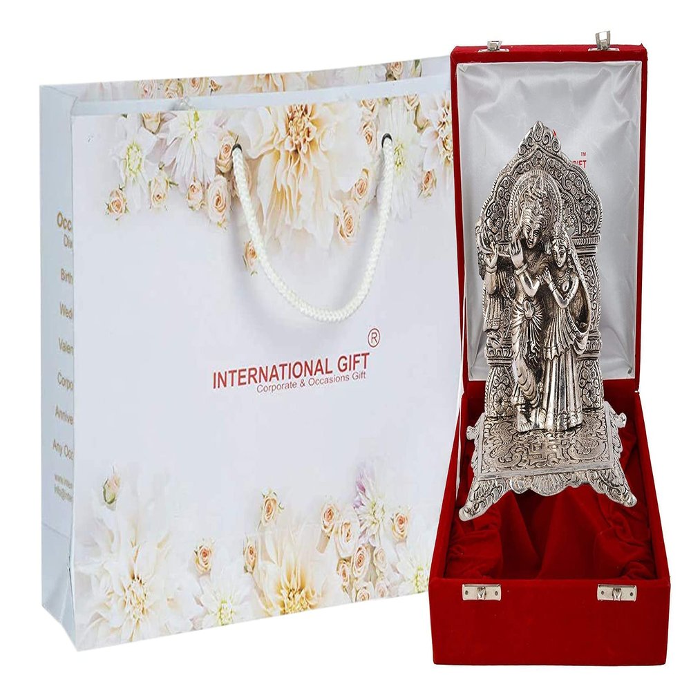 Aashita Creations Silver Plated Radha Krishna Chowki God Idol Statue Oxidized Finish with Beautiful Velvet Box Packing and with Carry Bag (18H x 10W x 10L Centimeters)