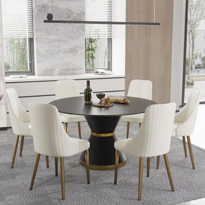 53''Round Marble Dining Table for 4,Black Sintered Stone Kitchen Dinner Table with Black Carbon Steel Pedestal,Black Marble Dining Table Set for Dining Room/Living Room (Table Only)