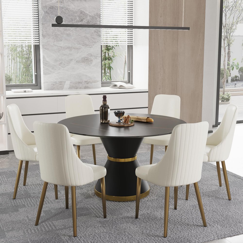 53''Round Marble Dining Table for 4,Black Sintered Stone Kitchen Dinner Table with Black Carbon Steel Pedestal,Black Marble Dining Table Set for Dining Room/Living Room (Table Only)