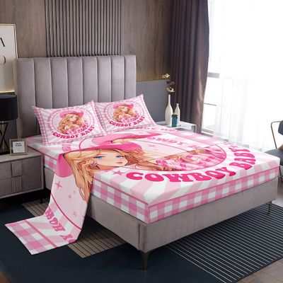 Western Cowgirl Kids Sheet King Size,Stars Cowboy Rustic Farmhouse Bedding Set,Girls Women Room Decor,Geometric Grids Patchwork Pink Dreamy Chic Bed Sheet Set 4pcs(Fitted + Flat + 2 Pillowcases)