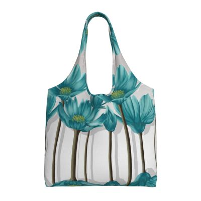 AMAZWI Teal Grey And White Floral Canvas Tote Bag,Kitchen Reusable Grocery Bags,Work Handbag Tote,Weekender Bag Shopper Handbag
