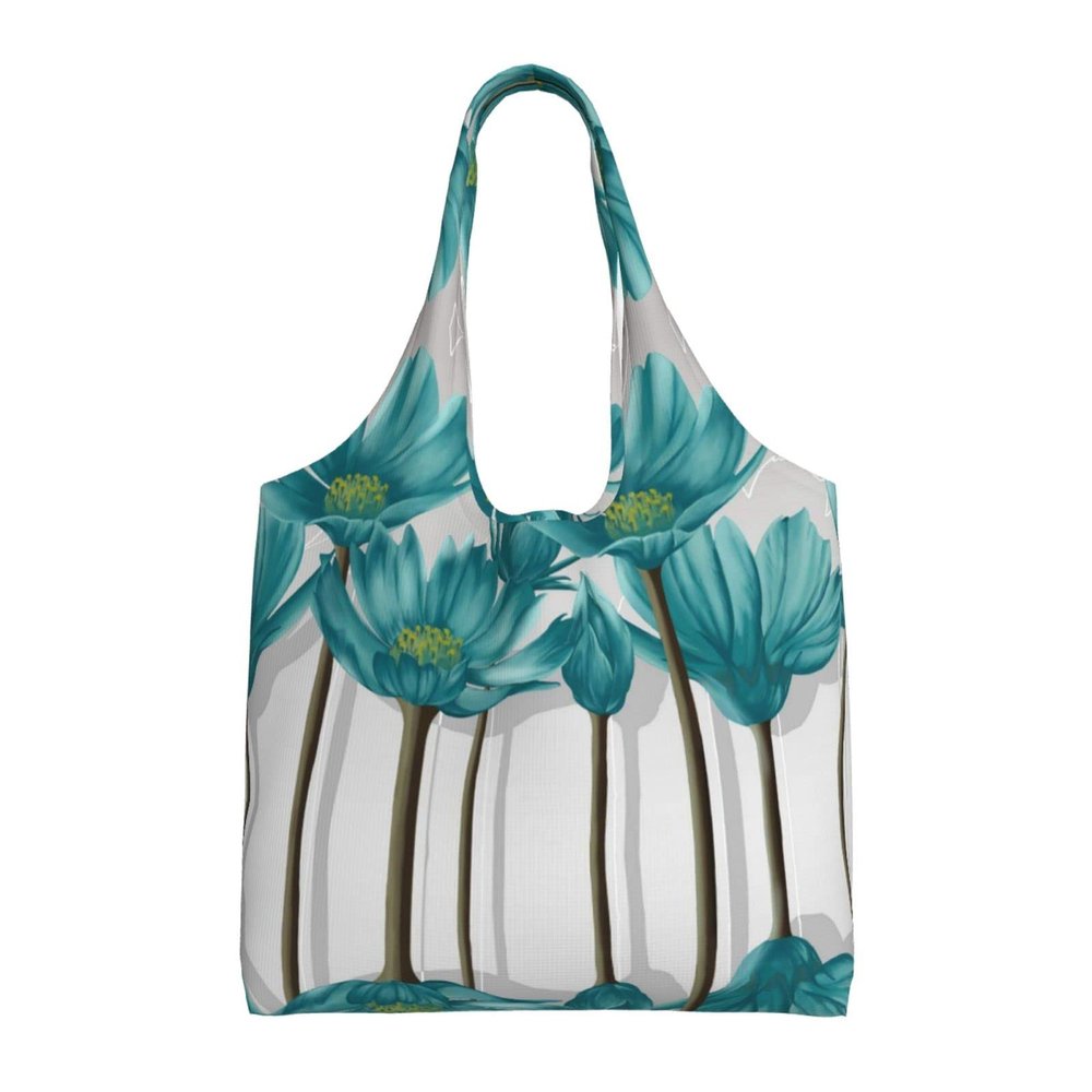 AMAZWI Teal Grey And White Floral Canvas Tote Bag,Kitchen Reusable Grocery Bags,Work Handbag Tote,Weekender Bag Shopper Handbag