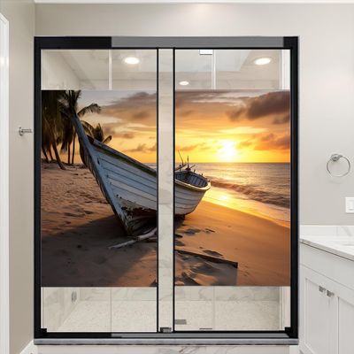 Dunmat Beach Sunset Seascape Window Film Sun Blocking Wooden Boat Tree Landscape House Window Tint Film Adhesive Glass Sticker Coverings for Home Decorative 27.6Wx39.4L-inch x2 Pcs