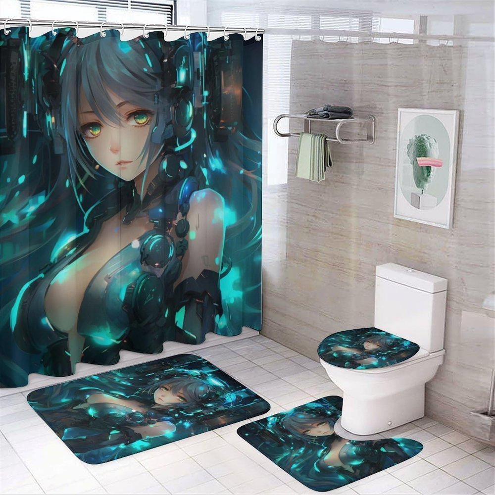 Dunmat Cool Anime Girl Shower Curtain Set for Bathroom 4Pcs Science Fiction Dynamic Music Woman Bathroom Sets with Rugs Toilet Lid Cover Bath Mat Shower Curtain Set with Hooks, Bathroom Decor