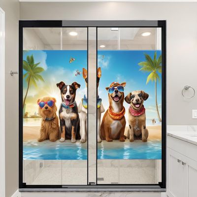 Dunmat Cartoon Cute Dogs Window Film Sun Blocking Modern Ocean Beach Funny Animals House Window Tint Film Adhesive Glass Sticker Coverings for Home Decorative 35.4Wx55.1L-inch x2 Pcs