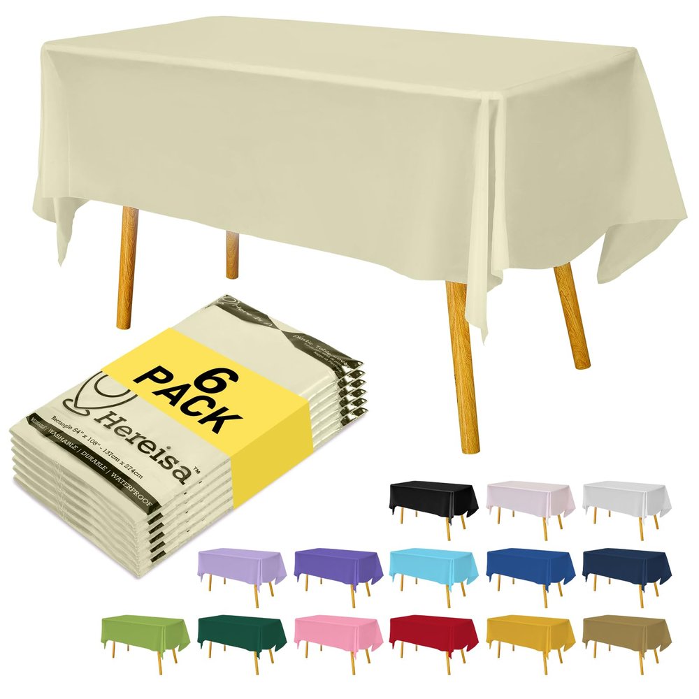 Hereisa Ivory 6 Pack Plastic Table Cloth 54" x 108", Disposable Tablecloths Rectangle Table Cover, Plastic Table Cloths for Parties