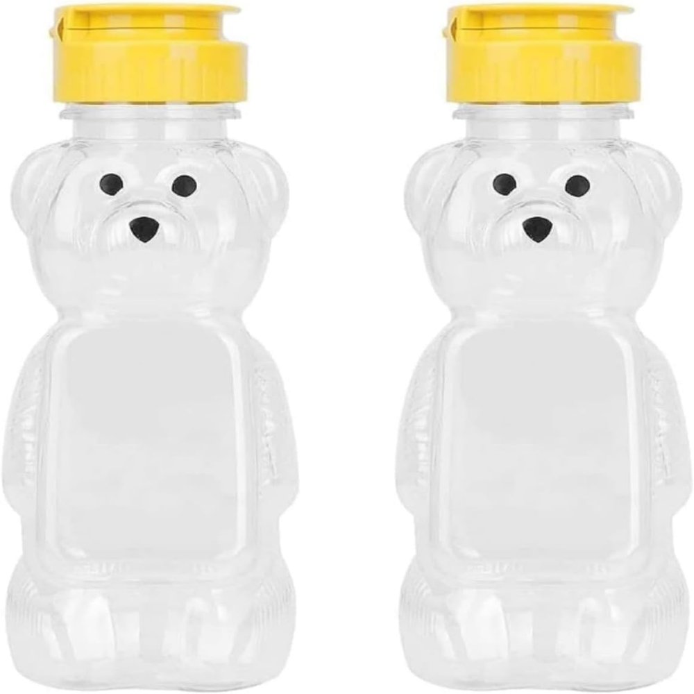 2Pcs Yellow 8 Oz Plastic Bear Honey Bottle Jars, Empty Honey Squeeze Bottle with Flip-top Lid for Storing and Dispensing, Flap Caps for Storing and Dispensing Garlic Presses, Dining and Entertaining