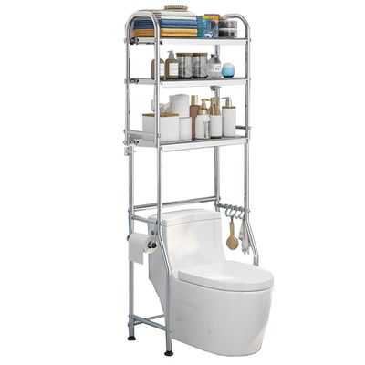Over The Toilet Storage, Over Toilet Bathroom Organizer Shelf With 4 Hooks, Freestanding Bathroom Shelves With Toilet Paper Holder, Space-Saving Multi-Functional Toilet Rack ( Color : /Silver , Size :