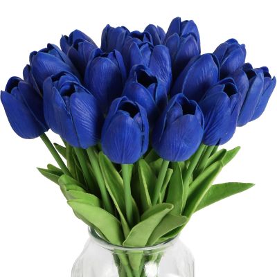 IPOPU 24 PCS Royal Blue Flowers Tulips Artificial Flowers Real Touch Blue Tulips Faux Flowers for Home Table Decor Wedding Bouquet Party Baby Shower Centerpieces Bridal Bouquet Decor (Blue)