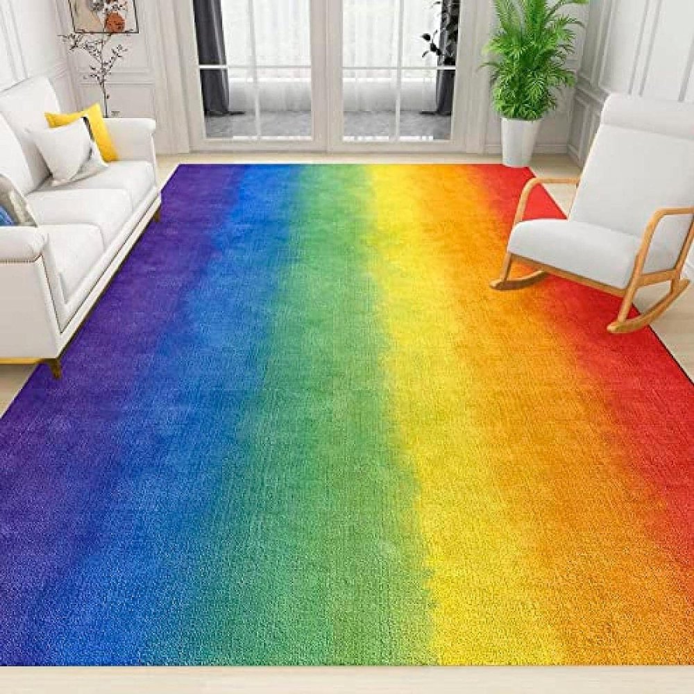 ERAYNA Creative Rainbow Colorful Indoor Area Rugs, Watercolor Rainbow Art Non-Slip Kids Rug, Upholstery Rug with Non-Slip Backing for Kids Boys Girls Bedroom Living Room Dining Room Study 6.6ftx5.3ft