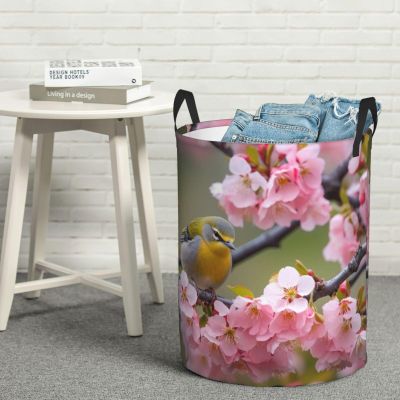 Bird in Peach Tree Laundry Basket with Handle Waterproof Laundry Hamper Portable Circular Dirty Clothes Hamper Foldable Storage Basket Lightweight Organizer Basket for Bathroom Bedroom
