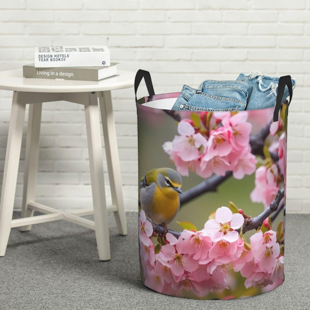 Bird in Peach Tree Laundry Basket with Handle Waterproof Laundry Hamper Portable Circular Dirty Clothes Hamper Foldable Storage Basket Lightweight Organizer Basket for Bathroom Bedroom