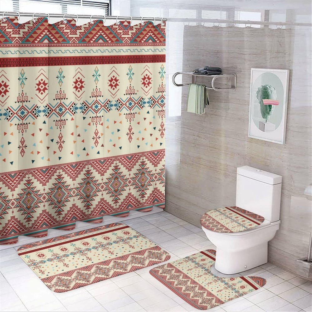 FBMLBRB Brebasf Watercolor Native American 4 Pieces Shower Curtain Set, Rustic Western Cactus Aztec Nation Tribe Non-Slip Rugs Toilet Lid Cover Bath Mat and Bathroom Curtain