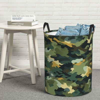 Camouflage Laundry Basket with Handle Waterproof Laundry Hamper Portable Circular Dirty Clothes Hamper Foldable Storage Basket Lightweight Organizer Basket for Bathroom Bedroom