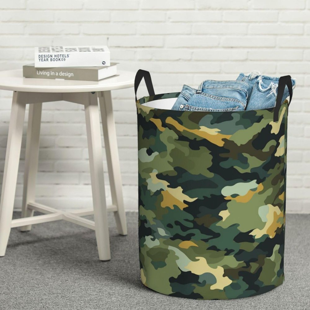 Camouflage Laundry Basket with Handle Waterproof Laundry Hamper Portable Circular Dirty Clothes Hamper Foldable Storage Basket Lightweight Organizer Basket for Bathroom Bedroom