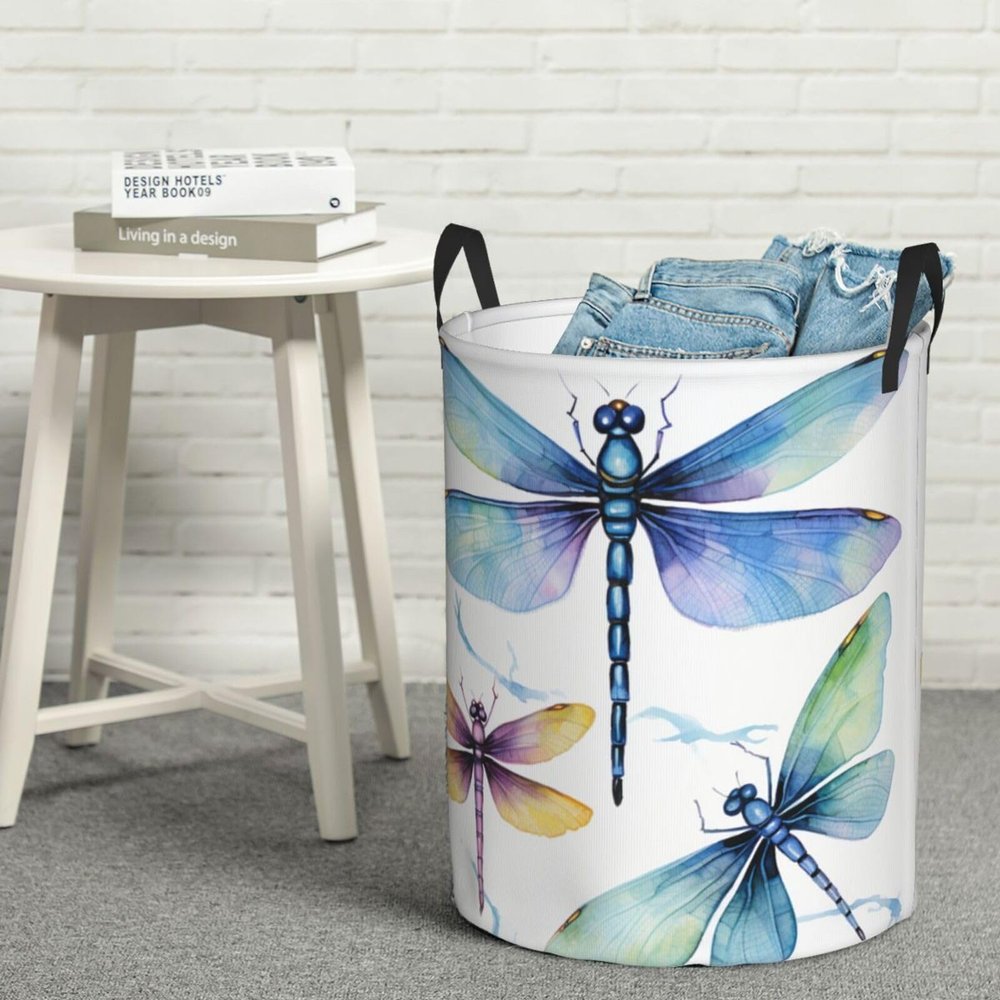 Dragonfly Drawing Laundry Basket with Handle Waterproof Laundry Hamper Portable Circular Dirty Clothes Hamper Foldable Storage Basket Lightweight Organizer Basket for Bathroom Bedroom