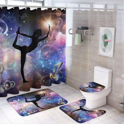 FBMLBRB Brebasf Watercolor Space Gymnast Note 4 Pieces Shower Curtain Set, Dreamy Galaxy Landscape Music Girl Yoga Dance Non-Slip Rugs Toilet Lid Cover Bath Mat and Bathroom Curtain