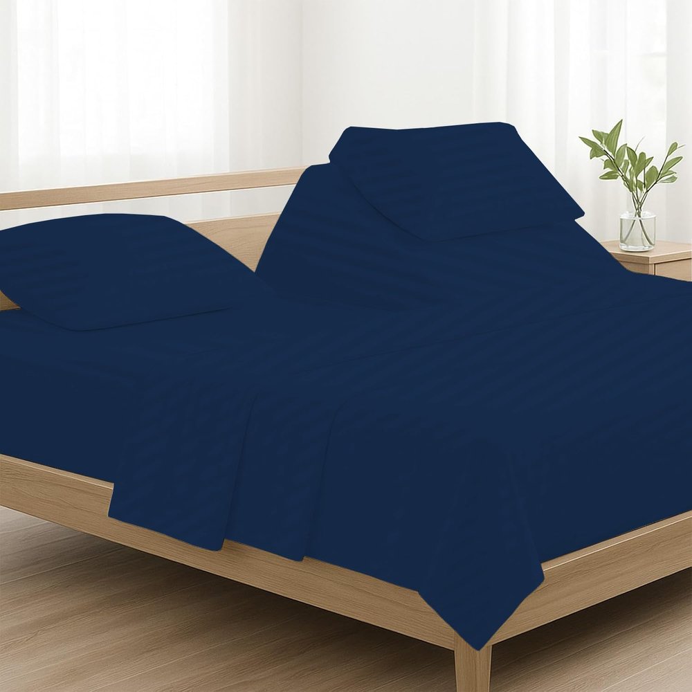 4 Pcs Luxury Split Top California King 100% Egyptian Cotton 800 Thread Count (Adjustable, Flex Top Cal King Size) Split Down 34" inches Sheets for Sleep Number Bed 15" Inch Pocket - Navy Blue Stripe