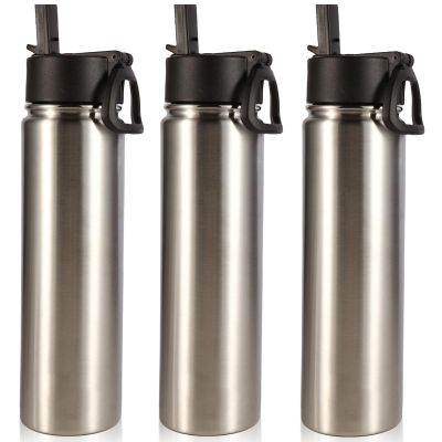Volhoply 24oz Insulated Water Bottle With Straw Bulk 3 Pack,Metal Wide Mouth Water Bottles With Handle Lid Keep Cold,Reusable Double Wall Cups,Powder Coated Sport Bottle For Holder(Silver,3 Count)