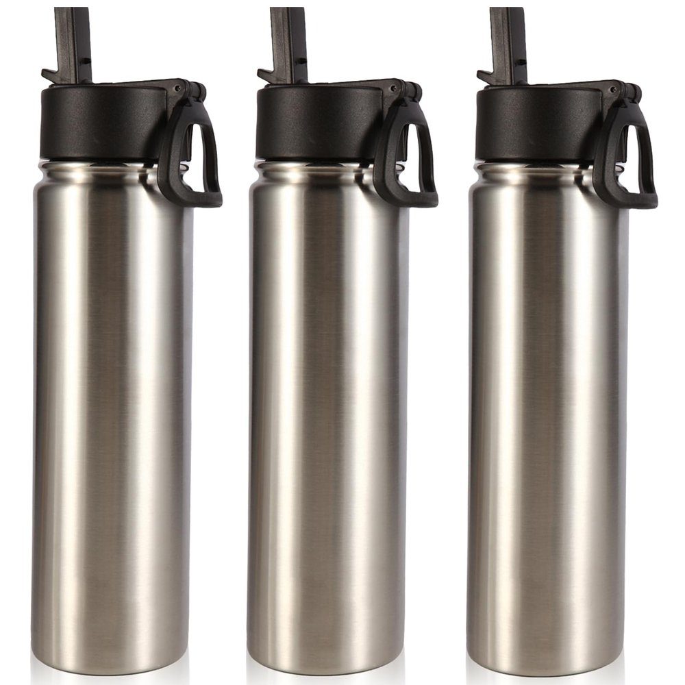 Volhoply 24oz Insulated Water Bottle With Straw Bulk 3 Pack,Metal Wide Mouth Water Bottles With Handle Lid Keep Cold,Reusable Double Wall Cups,Powder Coated Sport Bottle For Holder(Silver,3 Count)