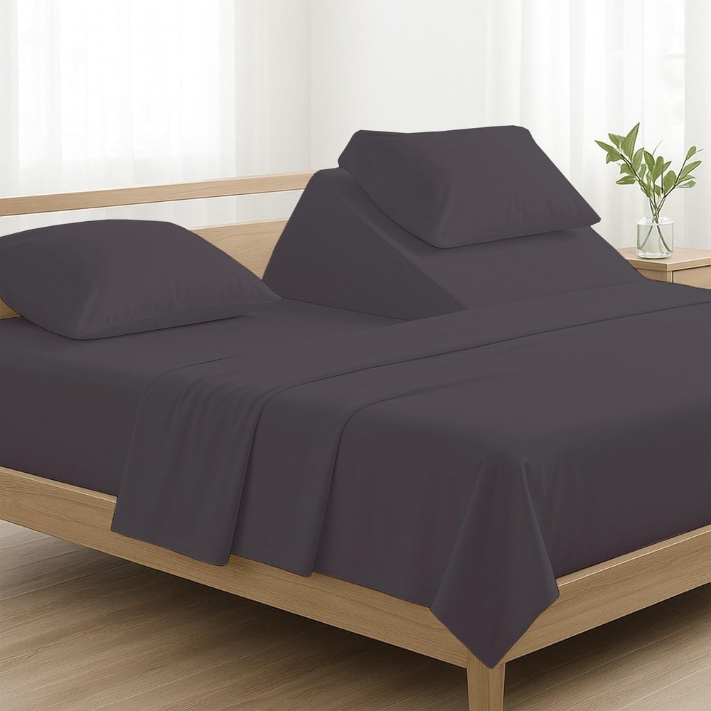 4 Pcs Luxury Split Top Queen 100% Egyptian Cotton 800 Thread Count (Adjustable, Flex Top Queen Size) Split Down 34" inches Sheets for Sleep Number Bed 15" Inch Pocket - Dark Grey Solid