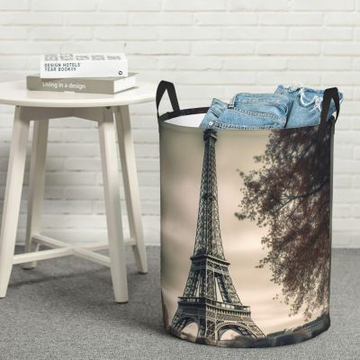 Grey Paris Eiffel Tower Laundry Basket with Handle Waterproof Laundry Hamper Portable Circular Dirty Clothes Hamper Foldable Storage Basket Lightweight Organizer Basket for Bathroom Bedroom