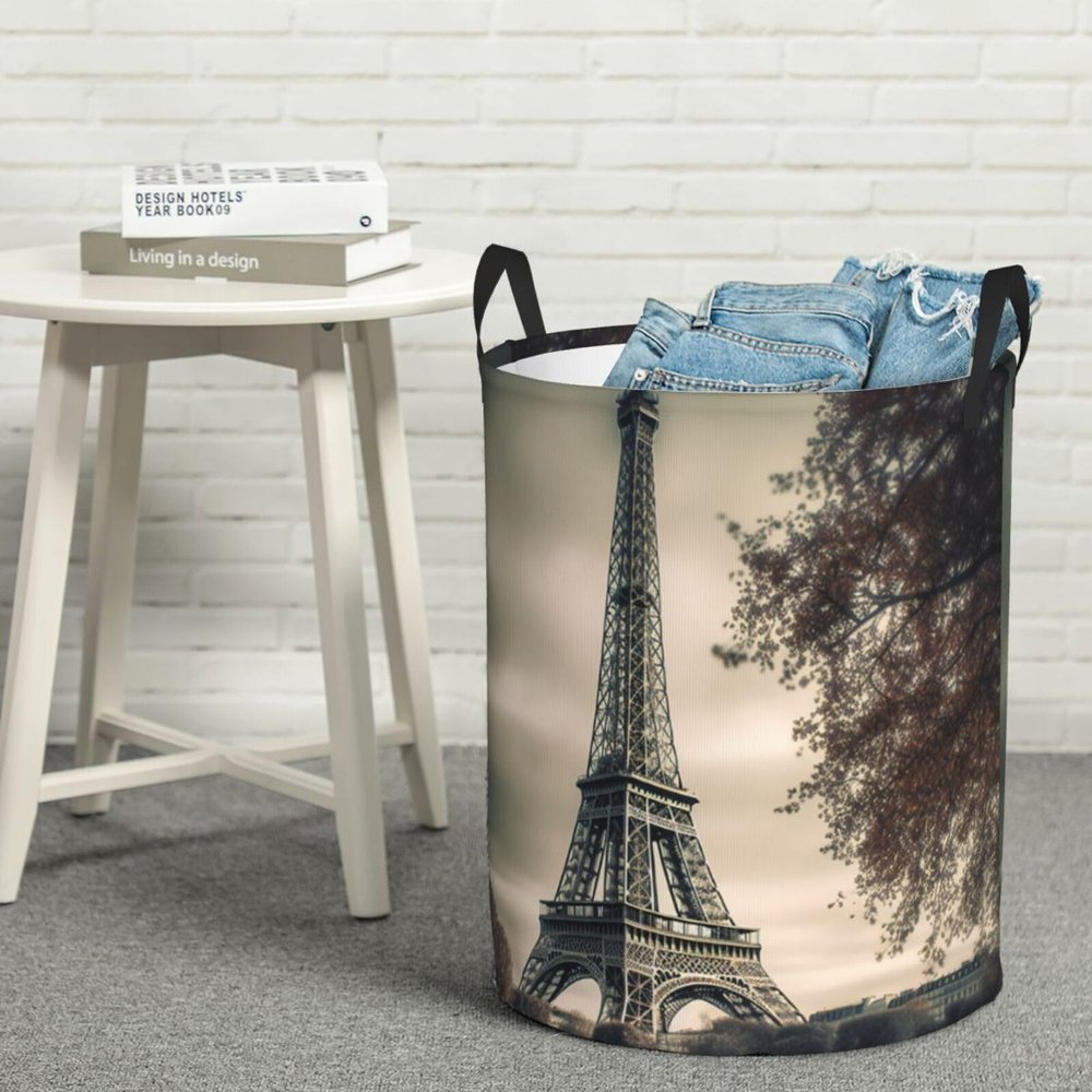 Grey Paris Eiffel Tower Laundry Basket with Handle Waterproof Laundry Hamper Portable Circular Dirty Clothes Hamper Foldable Storage Basket Lightweight Organizer Basket for Bathroom Bedroom