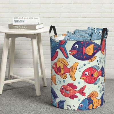 Funny Fishes Laundry Basket with Handle Waterproof Laundry Hamper Portable Circular Dirty Clothes Hamper Foldable Storage Basket Lightweight Organizer Basket for Bathroom Bedroom