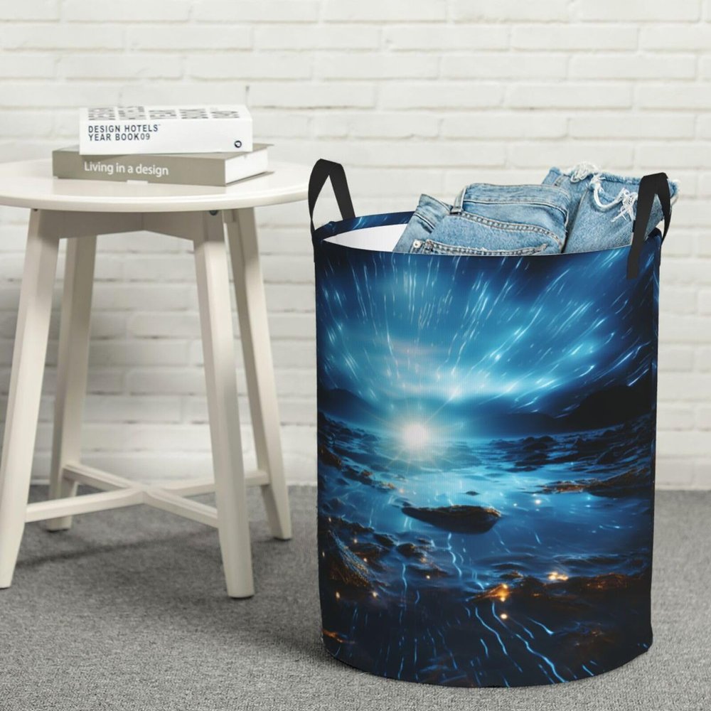 Night view of the sea Laundry Basket with Handle Waterproof Laundry Hamper Portable Circular Dirty Clothes Hamper Foldable Storage Basket Lightweight Organizer Basket for Bathroom Bedroom