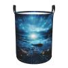 Night view of the sea Laundry Basket with Handle Waterproof Laundry Hamper Portable Circular Dirty Clothes Hamper Foldable Storage Basket Lightweight Organizer Basket for Bathroom Bedroom view 2