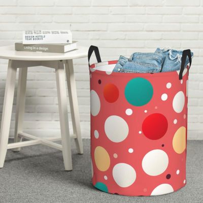 Cute Polka Dot Laundry Basket with Handle Waterproof Laundry Hamper Portable Circular Dirty Clothes Hamper Foldable Storage Basket Lightweight Organizer Basket for Bathroom Bedroom