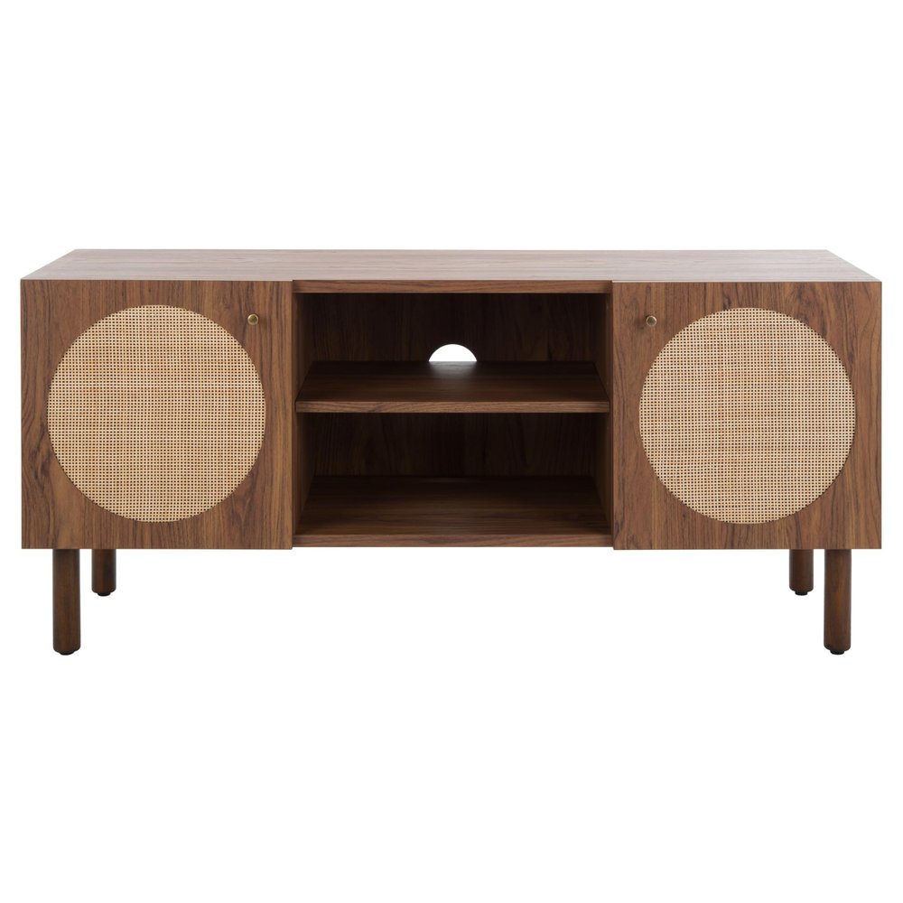 2 Door Shelf Media Stand 47"" W X 16"" D 21"" H Brown Natural Modern Contemporary Wood Glossy Includes Hardware, Medium, White
