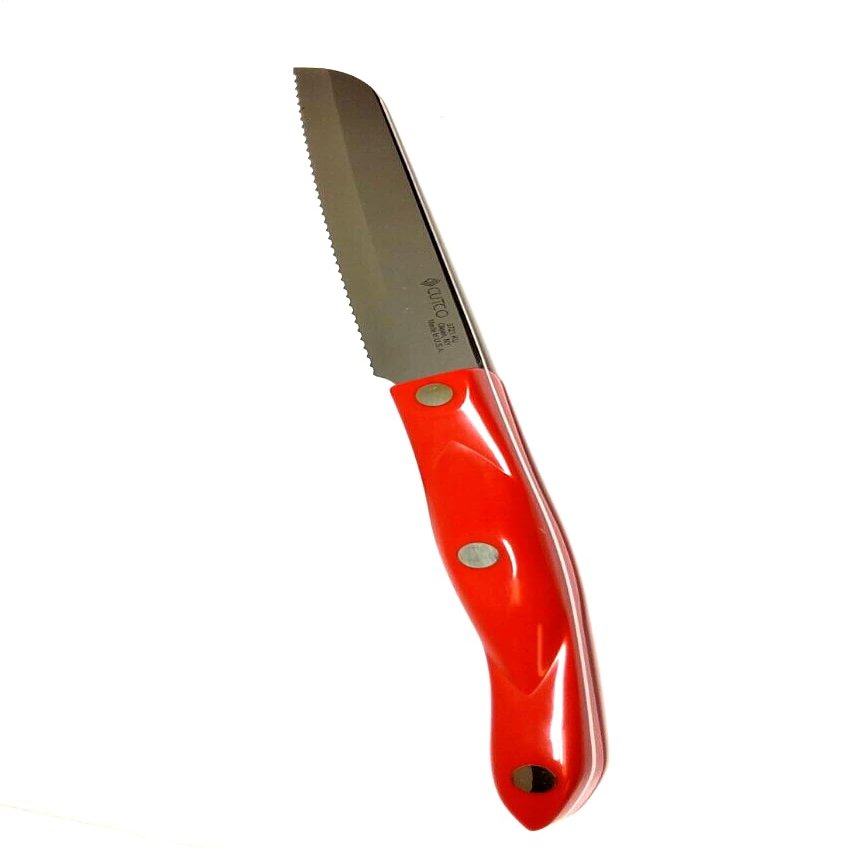 Cutco Model 3721 Red Santoku Trimmer Knife with High Carbon Stainless 4-7/8" Double-D serrated edge blade and 5 1/4" handle