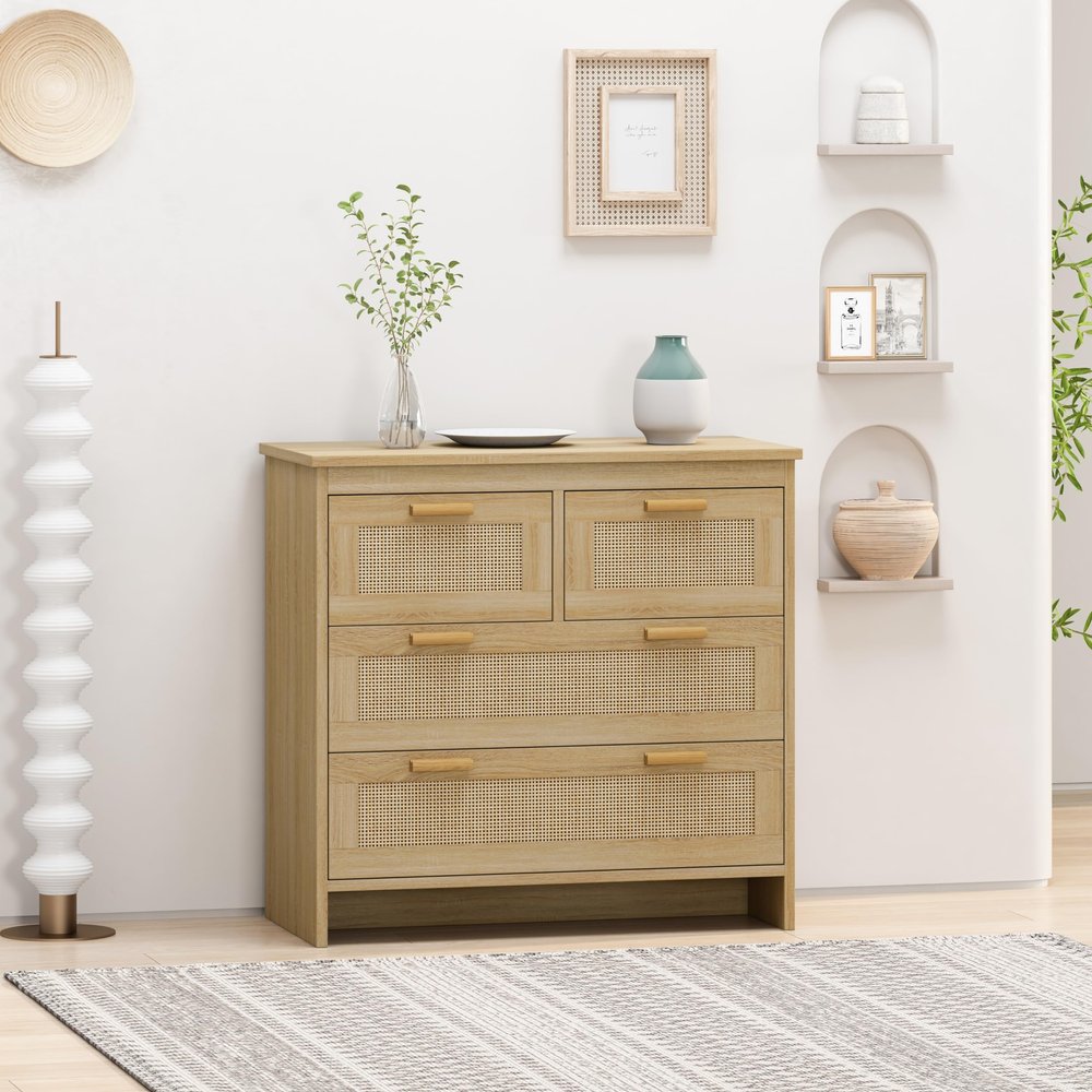4 Drawers Rattan Cabinet Natural Modern Contemporary Wood Finish Storage