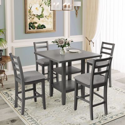 5-Piece Wood Bar Height Dining Table and Chair Set Grey Modern Contemporary Rectangular Glossy, Medium