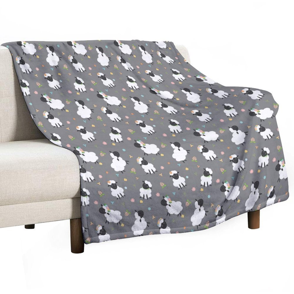 Cute Black Sheep Blanket Colorful Flower Cartoon Sheep Gray Soft Cozy Lightweight Throw Blanket for Children Girls Boys Bedroom Living Room Dorm Chair Sofa Travel 70x80in