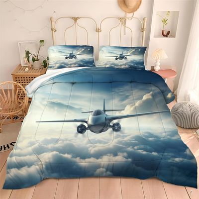 3D Fighter Plane Pattern Comforter Set for Men Boys Full Size Fighter Through Clouds Atmosphere Scenery Print Kids Adult Bedroom Bedding Duvet Set Modern Soft Microfiber Quilt Set with Pillowcase