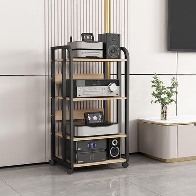 AV Media Rack Wooden Corner Frame Component Cabinet Stereo Audio Rack Standing Tower, 4 Tier Adjustable Height Wooden Rack, Open Printer Stand, Home/Office Entertainment Stereo Component Storage