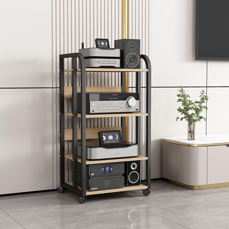 AV Media Rack Wooden Corner Frame Component Cabinet Stereo Audio Rack Standing Tower, 4 Tier Adjustable Height Wooden Rack, Open Printer Stand, Home/Office Entertainment Stereo Component Storage