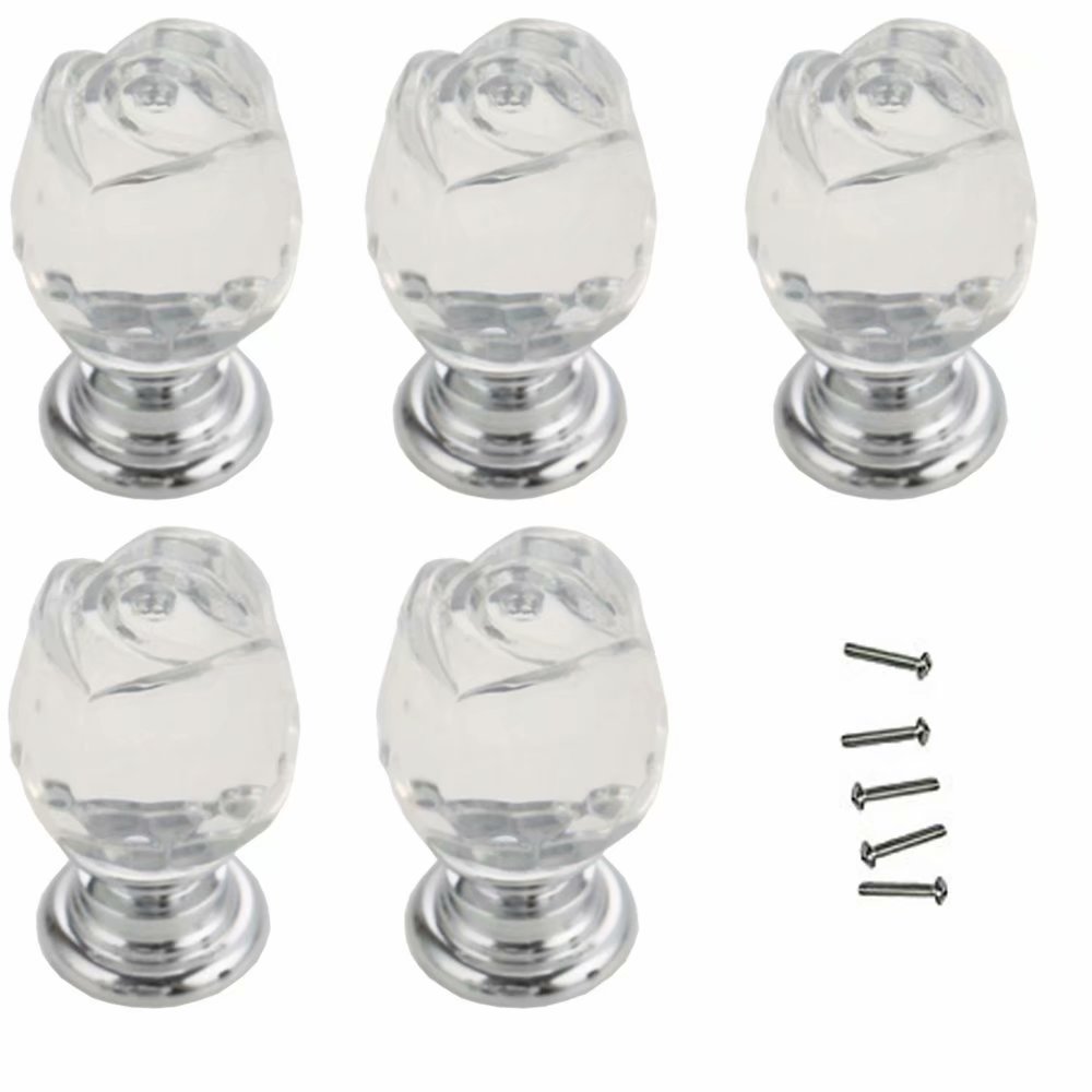 EFARMA Crystal Knobs, 5PCS 20mm Crystal Glass Furniture Handle Rose Flower Drawer Cabinet Handles and Knobs Kitchen Door Wardrobe Pull Handle (Color : Transparent)