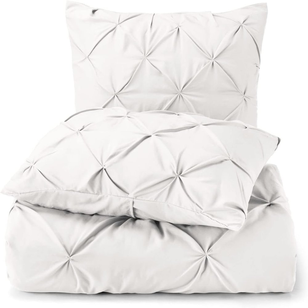 White Pinch Pleated Pintuck Duvet Cover Super King 100X120-5 Piece Set with Zipper Closure and Envolupe Closure Pillowcase Luxuriously Soft 100% Cotton