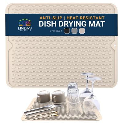 Silicone Dish Drying Mat for Kitchen Counter - Multi-Use 18 x 16 Inch Pad, Non-Slip & Heat-Resistant, Perfect Dish Drainer Mat by Lindas Essentials, Ideal Kitchen Accessory (Beige)